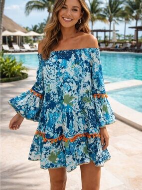 New! Debbie Katz Dress Off shoulder Bell sleeve Pom poms 100% Cotton Size Small